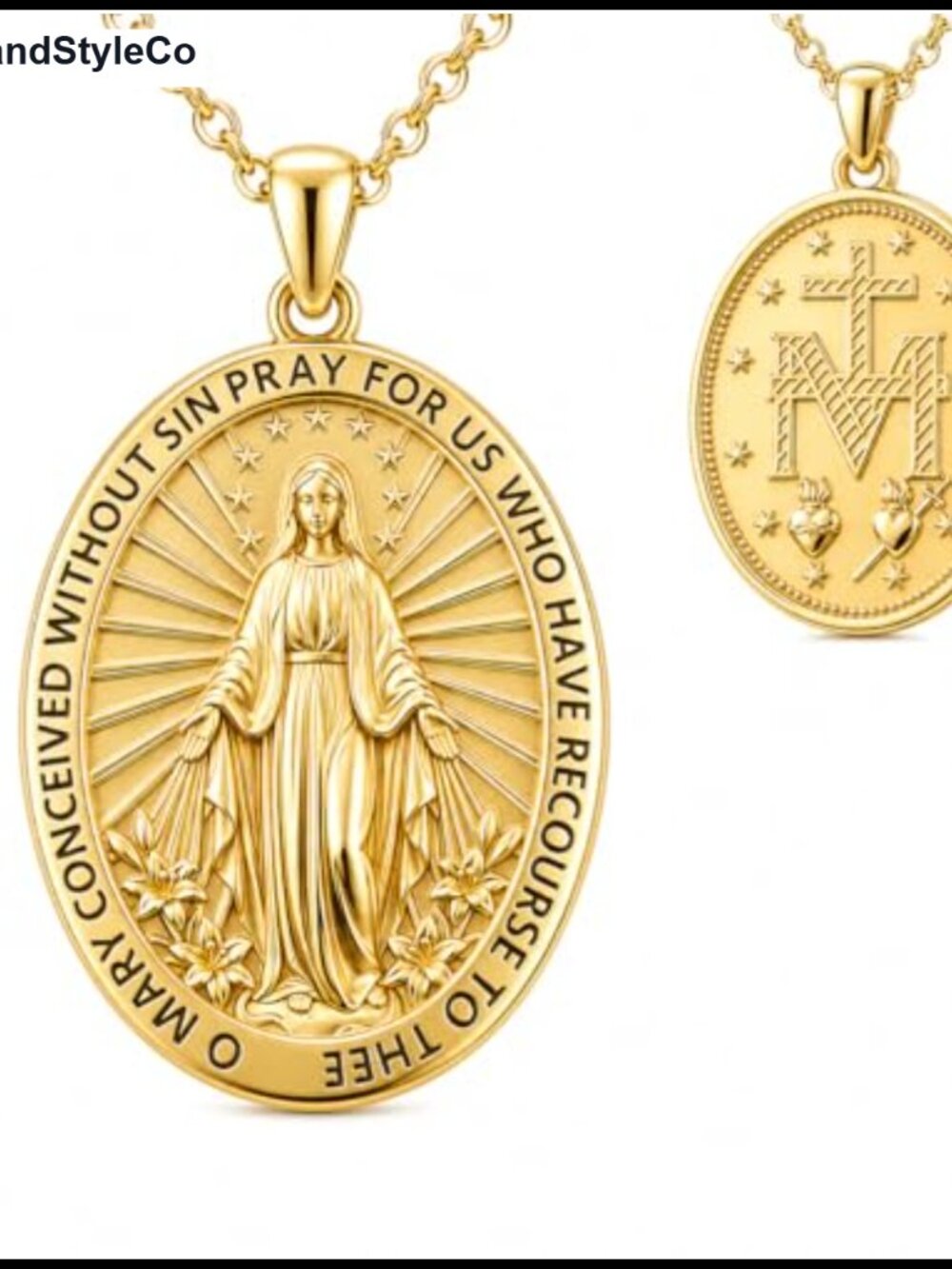 14K Gold Plated Blessed Virgin Mary Medal Necklace Brass Religious Charm